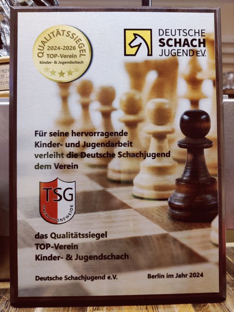 Plakette der Deutschen Schachjugend: Qualitätssiegel TOP-Verein Kinder- & Jugendschach 2024–2026 für die TSG Oberschöneweide